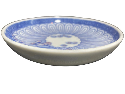 Antique Meiji–Taisho Japanese Inban Hand-Colored Porcelain Soy Sauce Dish | Blue & White Floral Plate