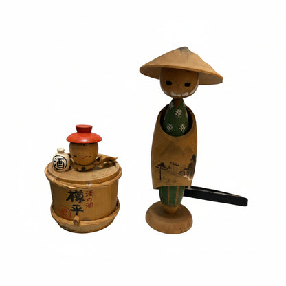 Vintage Set of 2 Japanese Kokeshi Dolls – Sake Barrel & Traveler