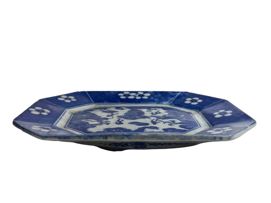Antique Meiji Japanese Blue & White Inban Octagonal Porcelain Plate – Dragon & Plum Blossom Design -Dragon Chasing the Flaming Pearl- (c.1880–1900)