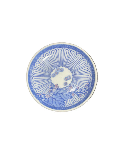 Antique Meiji–Taisho Japanese Inban Hand-Colored Porcelain Soy Sauce Dish | Blue & White Floral Plate