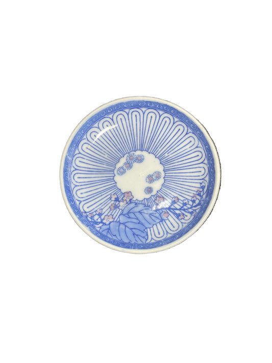 Antique Meiji–Taisho Japanese Inban Hand-Colored Porcelain Soy Sauce Dish | Blue & White Floral Plate