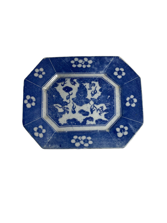 Antique Meiji Japanese Blue & White Inban Octagonal Porcelain Plate – Dragon & Plum Blossom Design -Dragon Chasing the Flaming Pearl- (c.1880–1900)