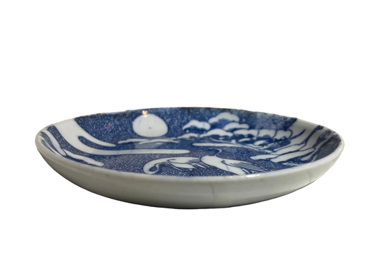 Antique Meiji Japanese Blue & White Inban Porcelain Plate – Cranes, Pine & Moon Design (c.1880–1900)