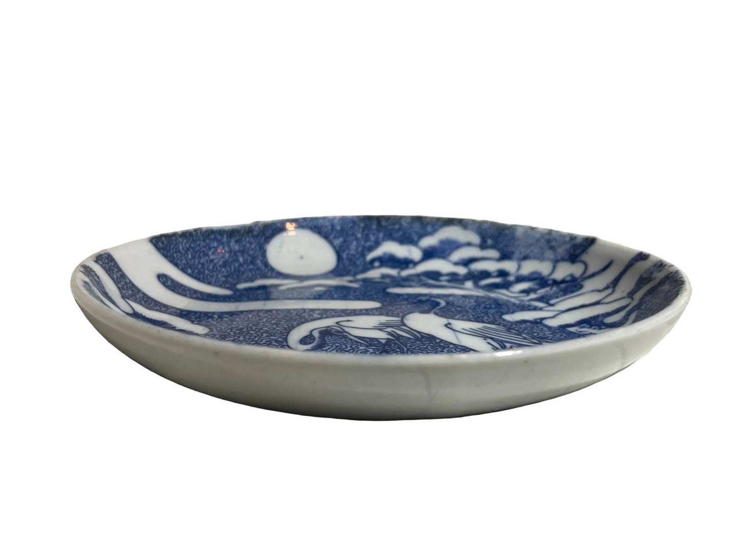 Antique Meiji Japanese Blue & White Inban Porcelain Plate – Cranes, Pine & Moon Design (c.1880–1900)