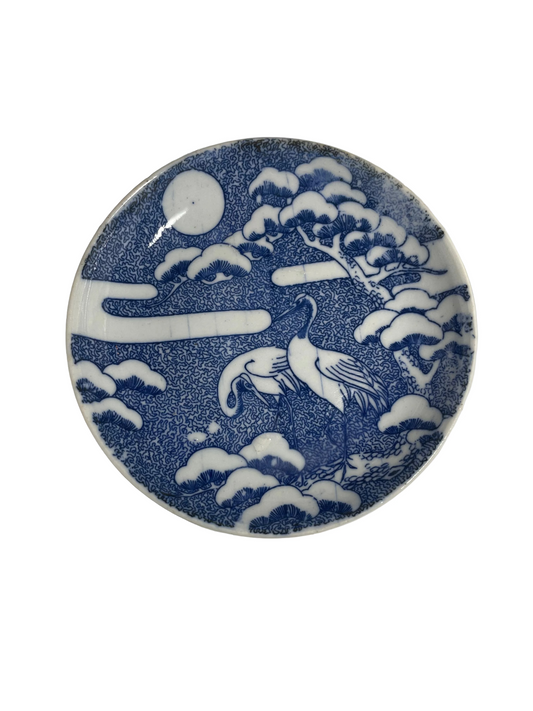 Antique Meiji Japanese Blue & White Inban Porcelain Plate – Cranes, Pine & Moon Design (c.1880–1900)